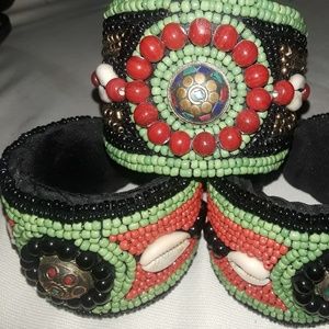 African Bead, Brass & Cowry Shell Cuff
